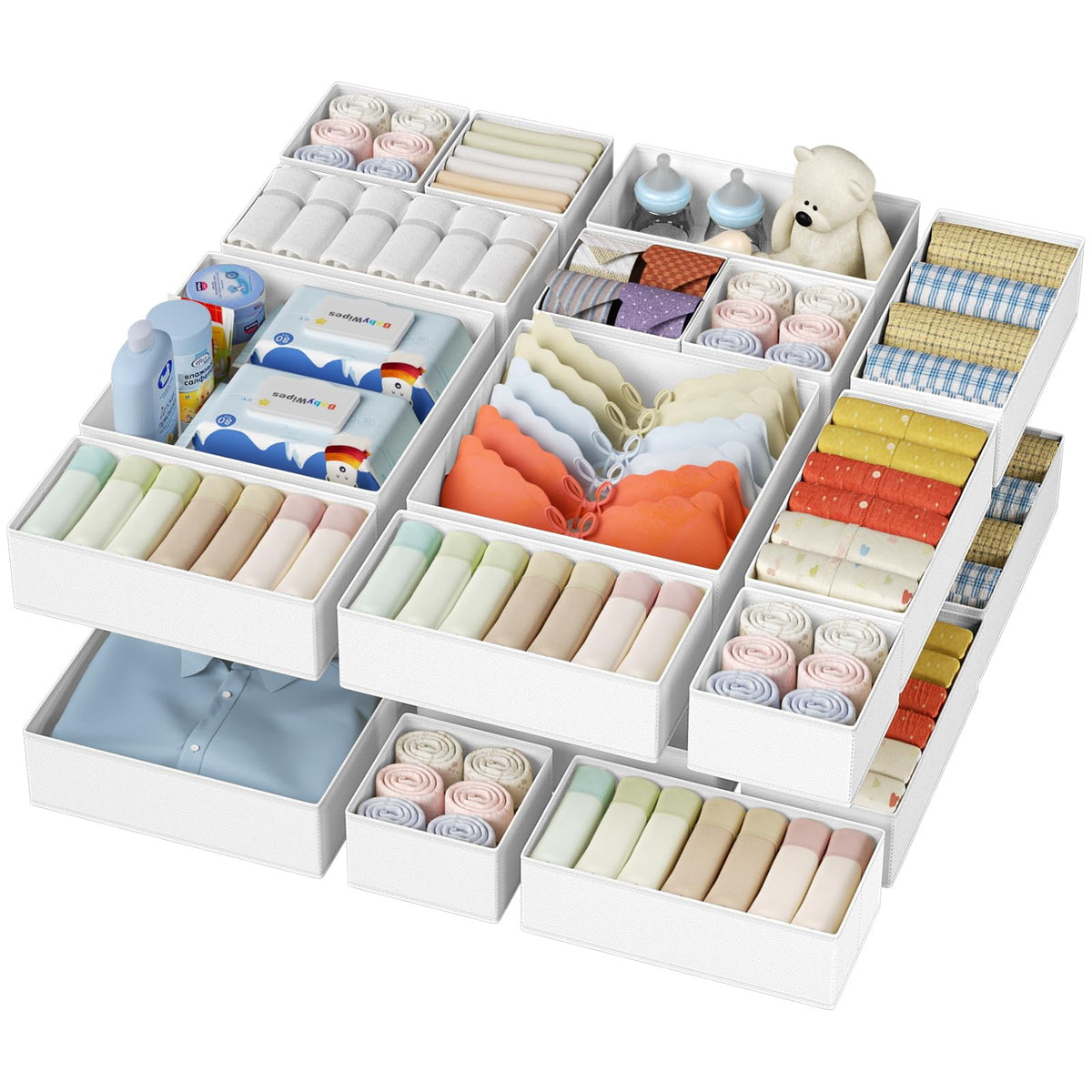 DIMJ Drawer Organizer Clothes, 12 Pack Dresser Organizer, Foldable Closet Organizers and Storage, Fabric Dresser Bins, Drawer Dividers for Nursery, Baby Clothes, Underwears, Sock (Beige)