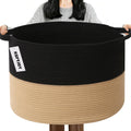 Large Woven Blanket Basket,65L Cotton Rope Laundry Basket Hamper with Handles, Decorative Nursery Basket Storage Bin for Toys, Clothes Organizer, Living Room, Bedroom, Bathroom, White & Brown