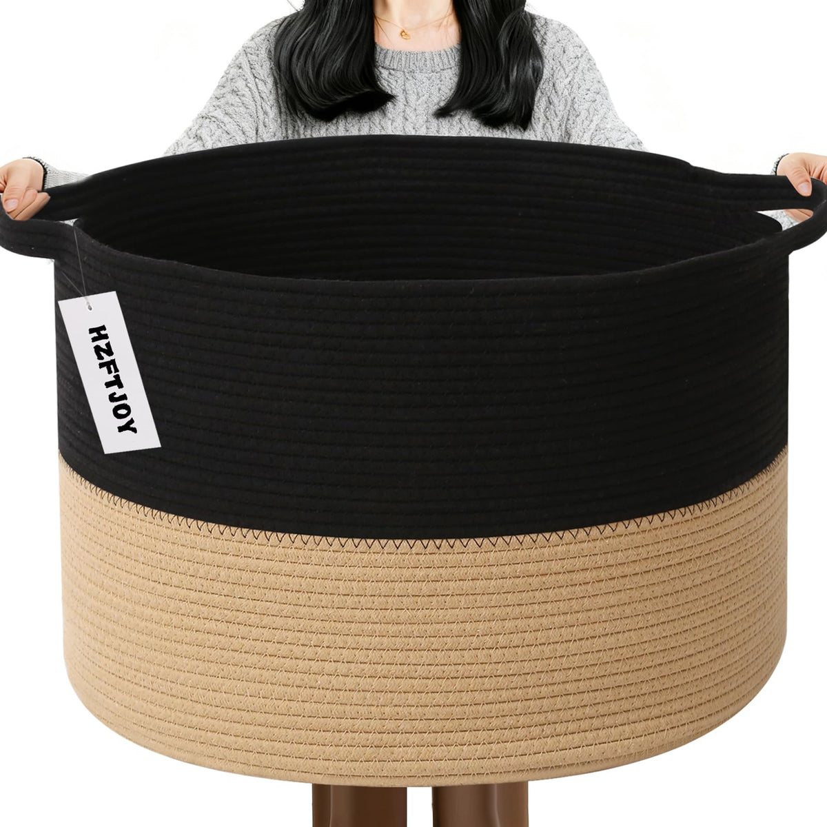 Large Woven Blanket Basket,65L Cotton Rope Laundry Basket Hamper with Handles, Decorative Nursery Basket Storage Bin for Toys, Clothes Organizer, Living Room, Bedroom, Bathroom, White & Brown