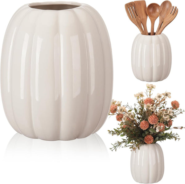 Beeveer 6.7 Inch Ceramic Pumpkin Vase, Large White Pumpkin Utensil Holder