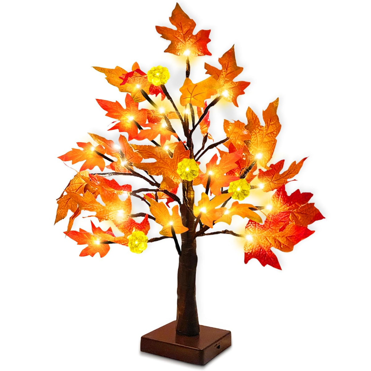 TURNMEON Thanksgiving Decor 2 Pack 18 Inch Prelit Fall Maple Tree 48 LEDs