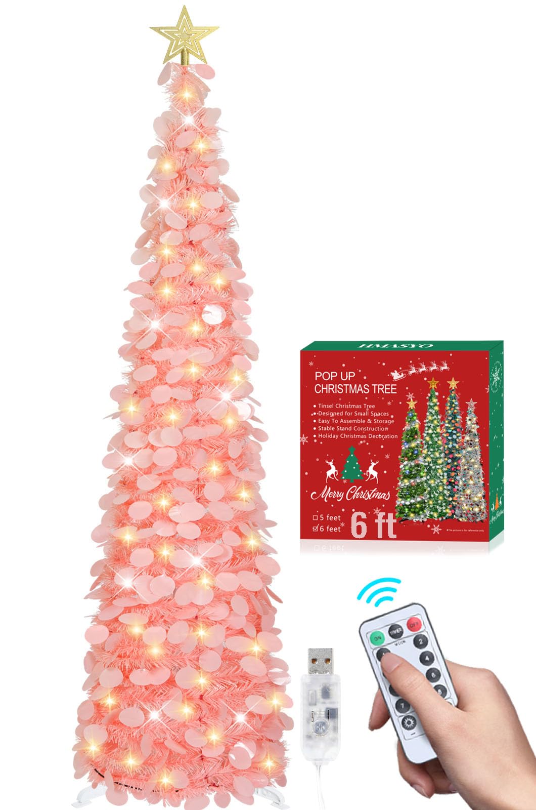 HMASYO 6 FT Pop Up Christmas Tree with 100 LED Timer Lights & Remote, Green Christmas Tinsel Tree, Collapsible Artificial Pencil Tree for Home Office Party Decor, USB Powered, Easy Assembly