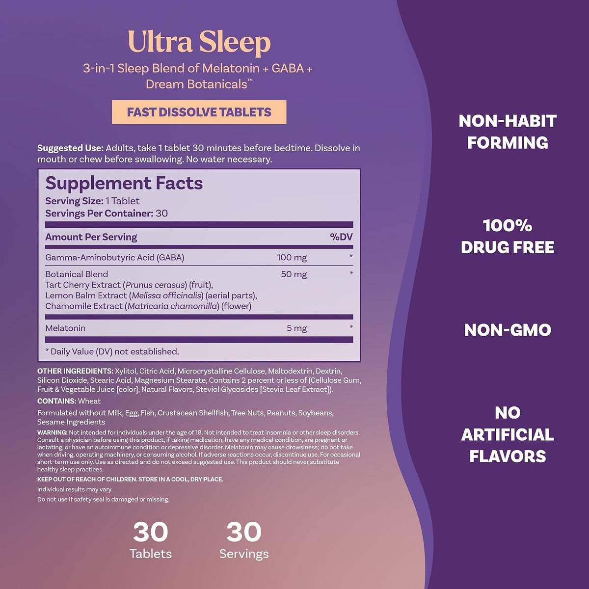 Natrol Ultra Sleep 3-in-1, 5mg Melatonin, GABA, Botanicals, 30 Tablets | Improve Sleep Quality, Wake Up Rested & Refreshed, Fast Dissolve, Raspberry Flavor, 100% Drug-Free, Non-Habit Forming