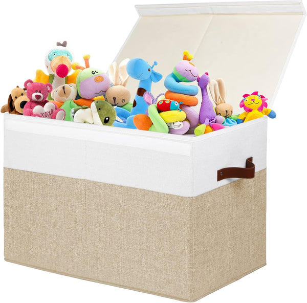 Large Toy Storage Box with Lid, Toy Chest Bin Boxes Basket with Dividers | Sturdy Toy Organizer Bin for Kids, Boys, Girls, Nursery, Living Room, Bedroom, Playroom 25"x13" x16" (Beige and White)