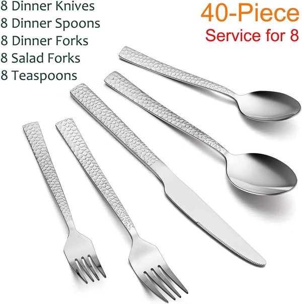 E-far Hammered Silverware Set for 8, 40 Pcs Stainless Steel Flatware Set