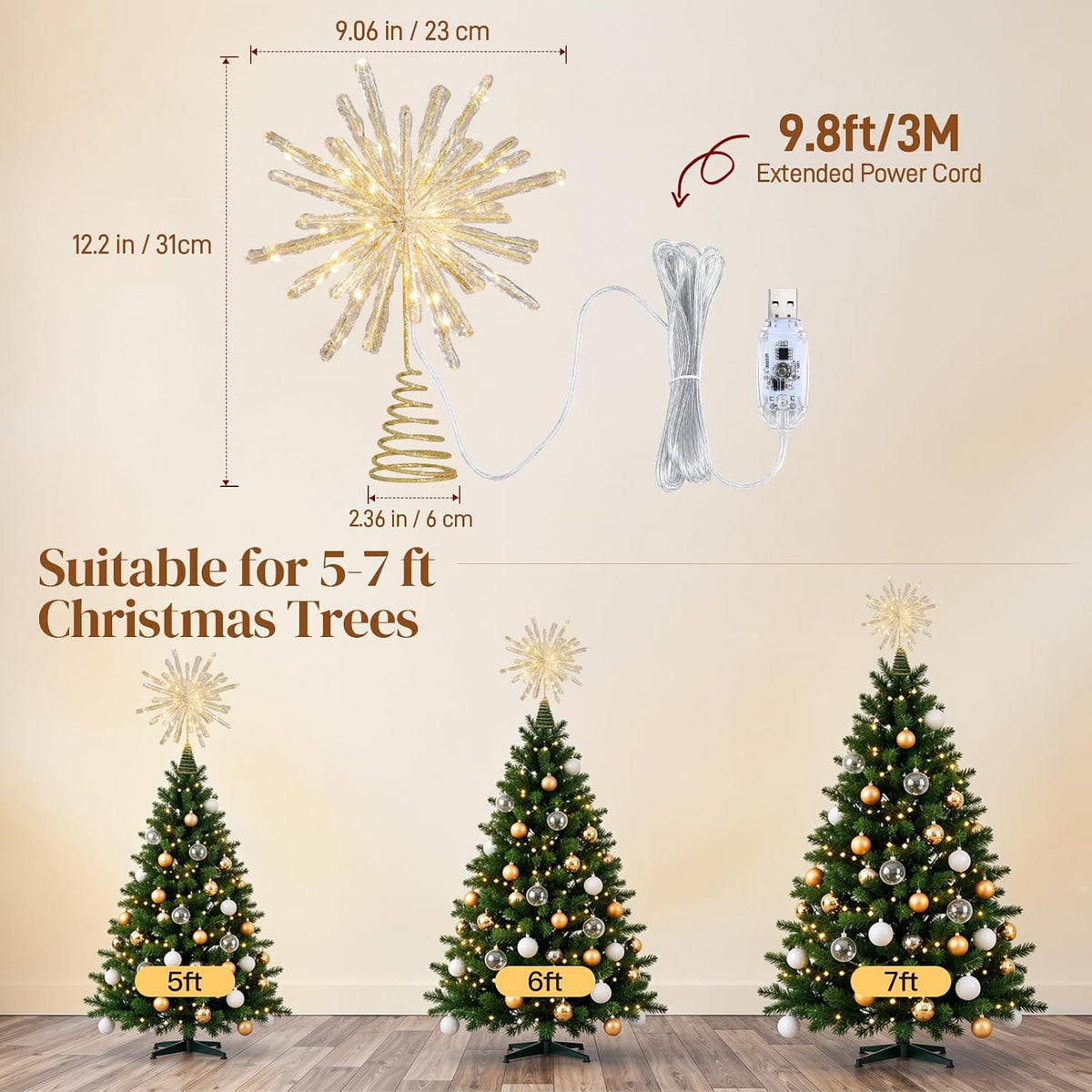 Lewondr Crystal Firework Christmas Tree Topper with Lights, Gold