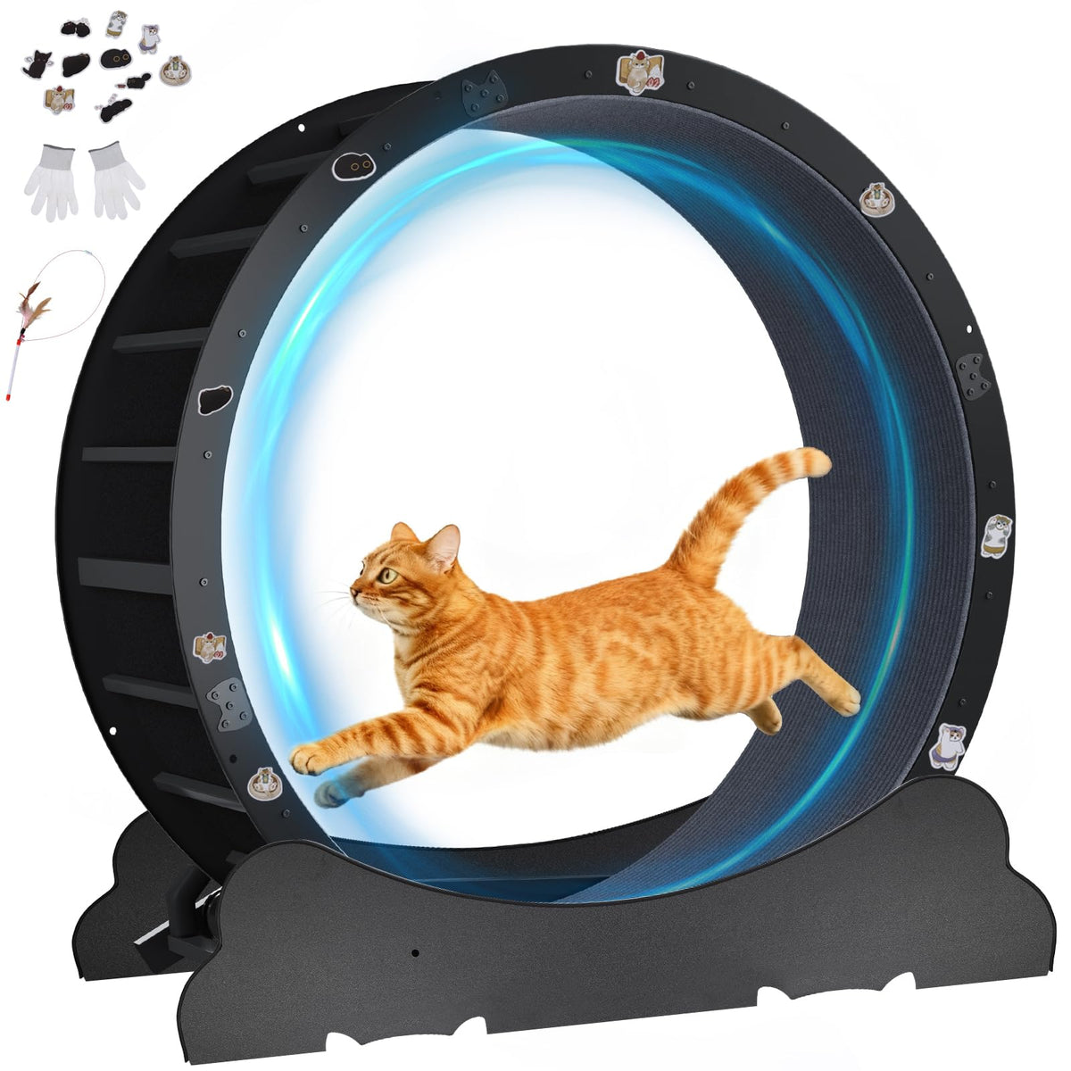 GTPLAYER Cat Wheels, 40" Diameter, Large Cat Exercise Wheel for Indoor Cats cat Treadmill Metal with Detachable Carpet & Teaser/Stickers, Ultra-Quiet Scroll Wheel with Latch, Safe and Stable Grey