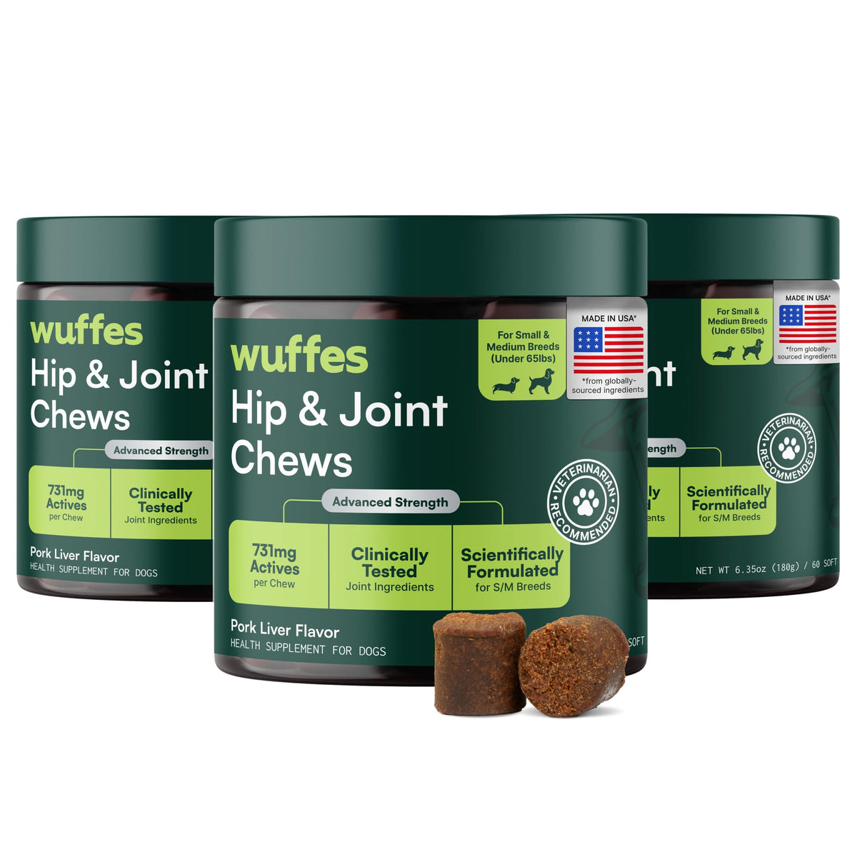 Wuffes Advanced Dog Hip and Joint Supplement with Glucosamine, Chondroitin, Omega 3, MSM, and Green Lipped Mussel, 60 Pork Flavored Chews for Small and Medium Dog Breeds