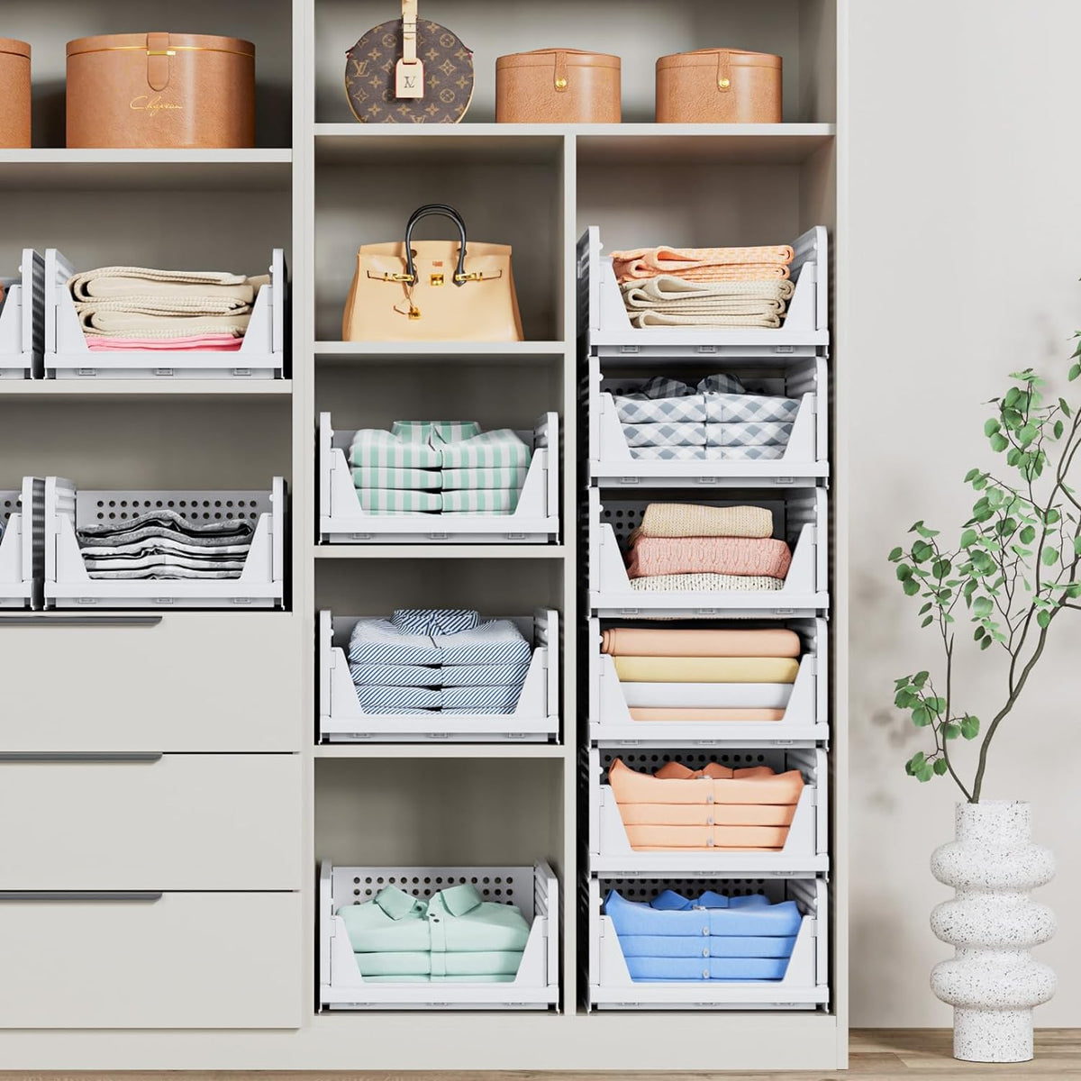 4 Pack Stackable Closet Storage Basket - Stackable Storage Bins | Multifunctional & Foldable Closet Organizer Waterproof, Wardrobe Cupboard Space-Saving Storage Drawer Organizer