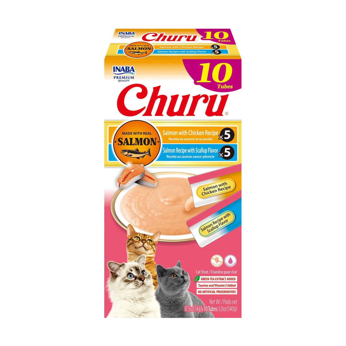 INABA Churu Cat Treats, Lickable, Squeezable Creamy Purée Cat Treat with Green Tea Extract & Taurine, 0.5 Ounces Each Tube, 20 Tubes, Tuna Variety