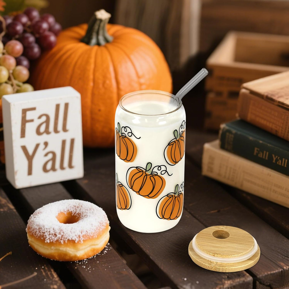 Joyseller 18oz Fall Pumpkin Iced Coffee Glass Cup with Lid & Straw