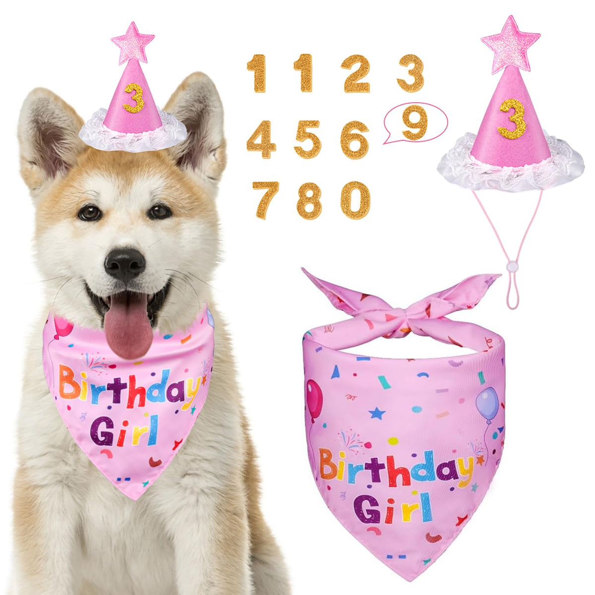Dog Birthday Party Supplies, Dog Birthday Bandana Set, Dog Boy Girl Birthday Party Hat with Numbers for Large Medium Small Dogs Pet (Blue)
