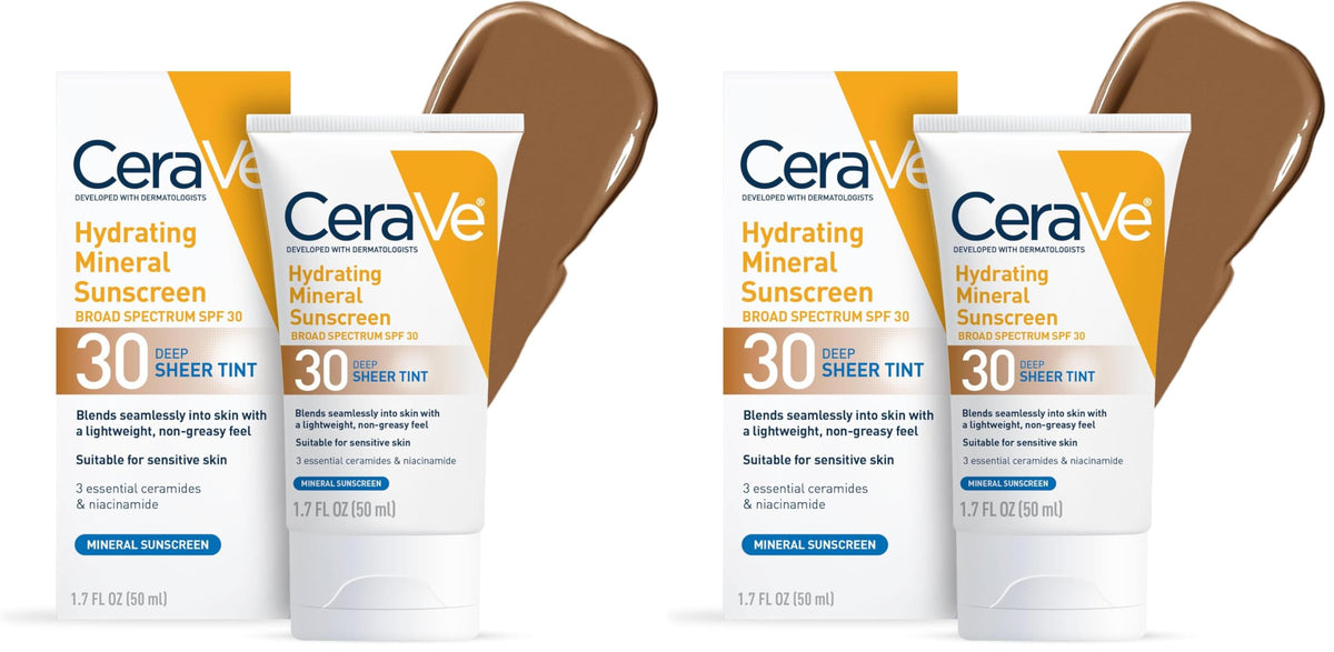 CeraVe Hydrating Mineral Sunscreen SPF 30 with Sheer Tint, Tinted Mineral Sunscreen with Zinc Oxide & Titanium Dioxide, Blends Seamlessly For Healthy Glow, Medium, 1.7 Fluid Ounce