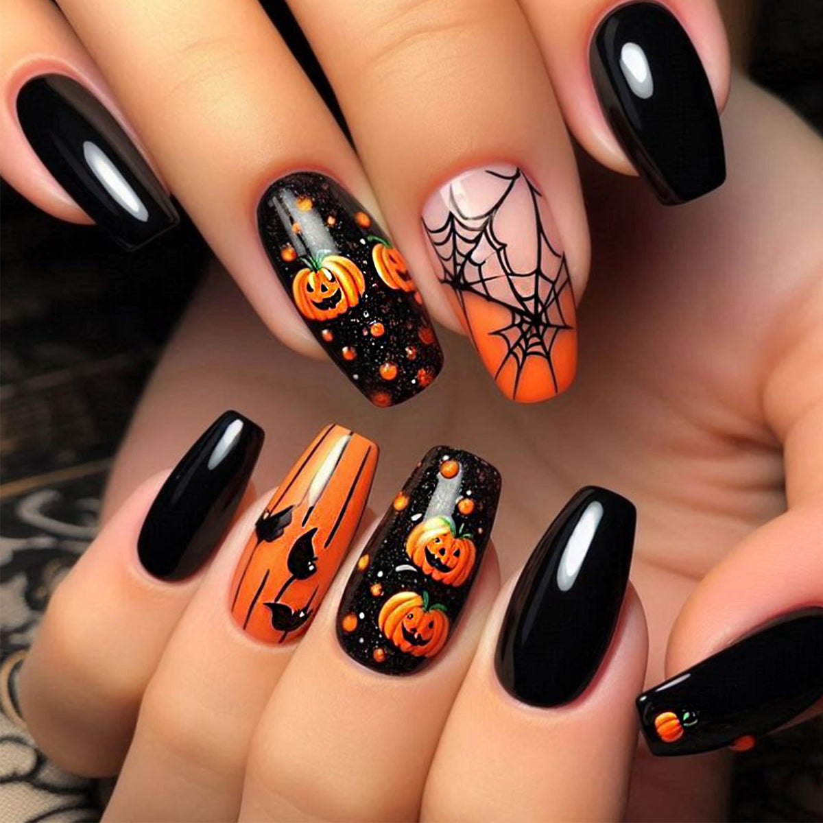 48Pcs Halloween Press on Nails Ghost Stick on Fingernails Monster Short Square False Nails Glossy Black Spider Web Acrylic Fake Nail Skull Gel Glue on Nail for Coquette Women Girls