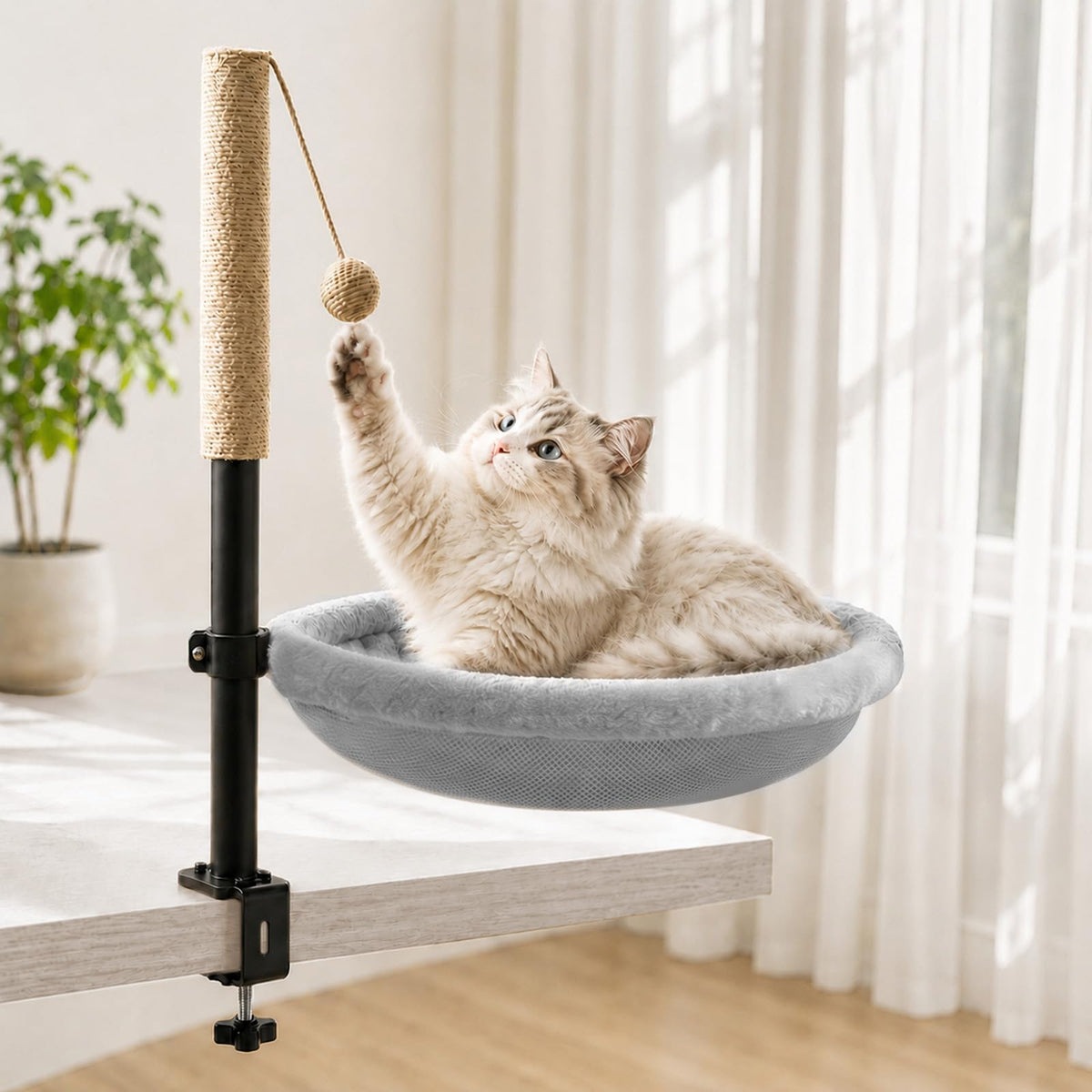 Cat Desk Bed with Scratching Post Clamp On 360 Rotating Camel
