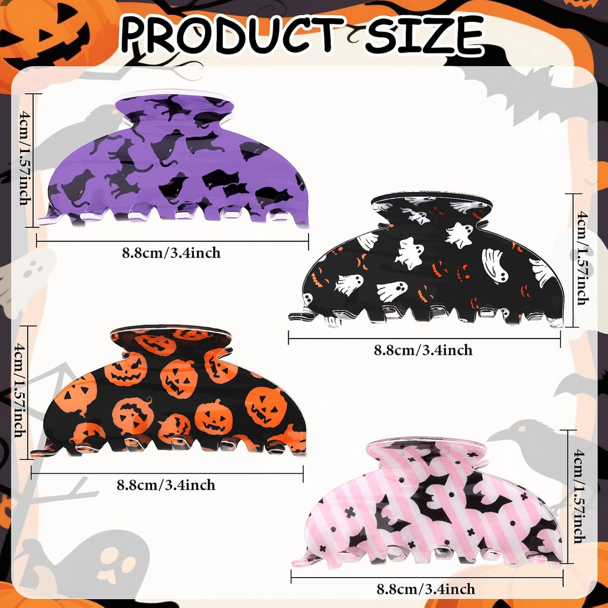CAVETEE 4 Pack Halloween Hair Claw Clips for Women, Bat Ghost Cat Pumpkin Printed Acrylic Hair Clips for Holiday Party