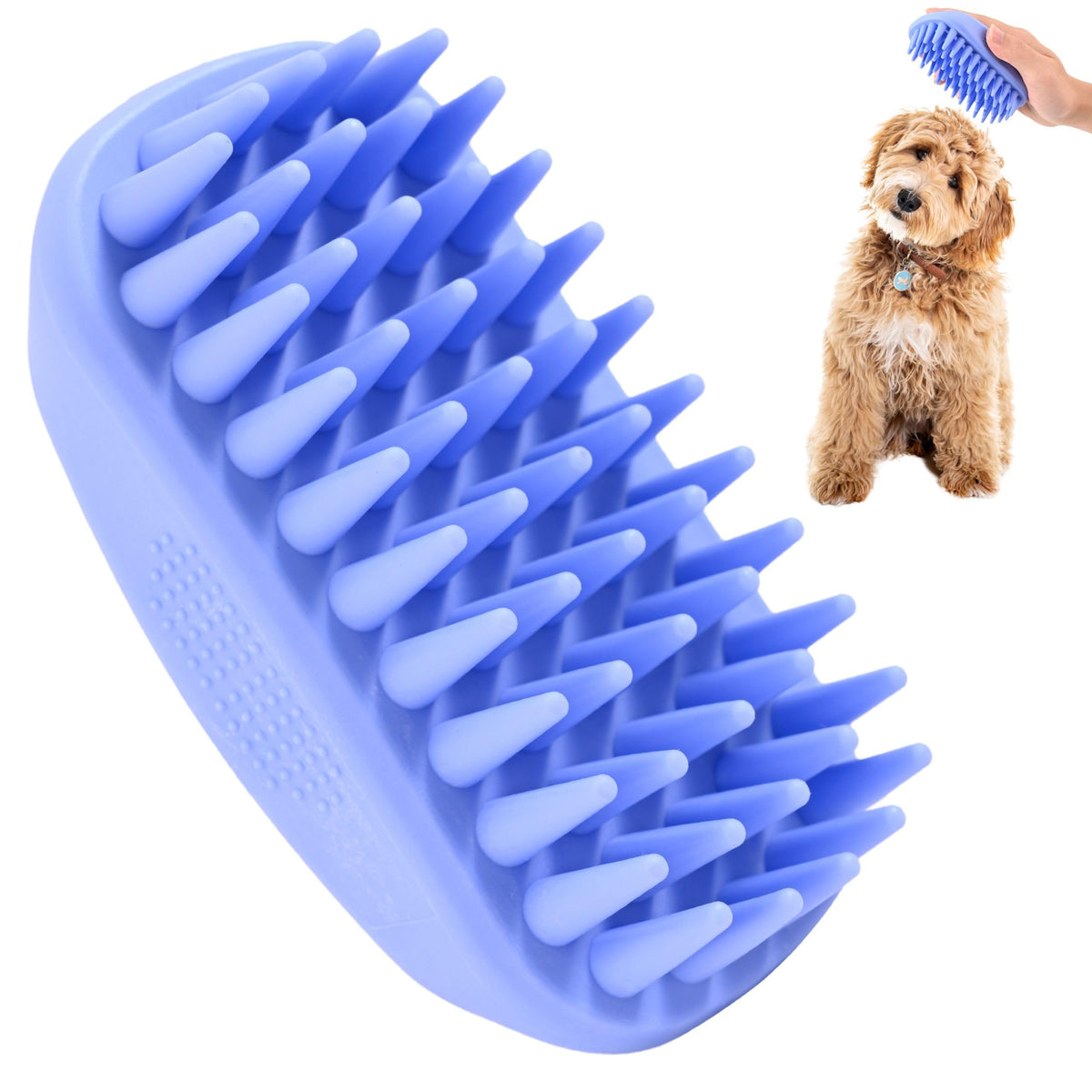 Dog Grooming Bath Brush, Pet Rubber Brush for Shower Scrubbing & Soothing Massage, Ideal for Long & Short Haired Dogs and Cats, Essential Puppy Accessories, Short-Pins [We Love Doodles]