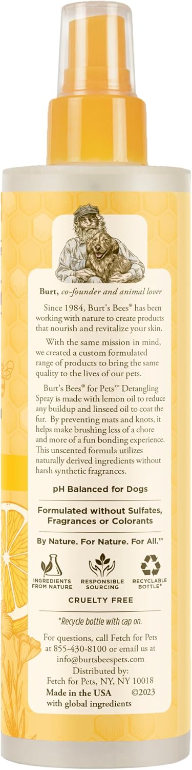 Burt's Bees for Pets Dog Detangling Spray, Natural Leave-in Coat Detangler & Dog Deodorizing Grooming Spray with Lemon, pH Balanced for Dogs, Paraben & Sulfate Free, 10 Fl Oz