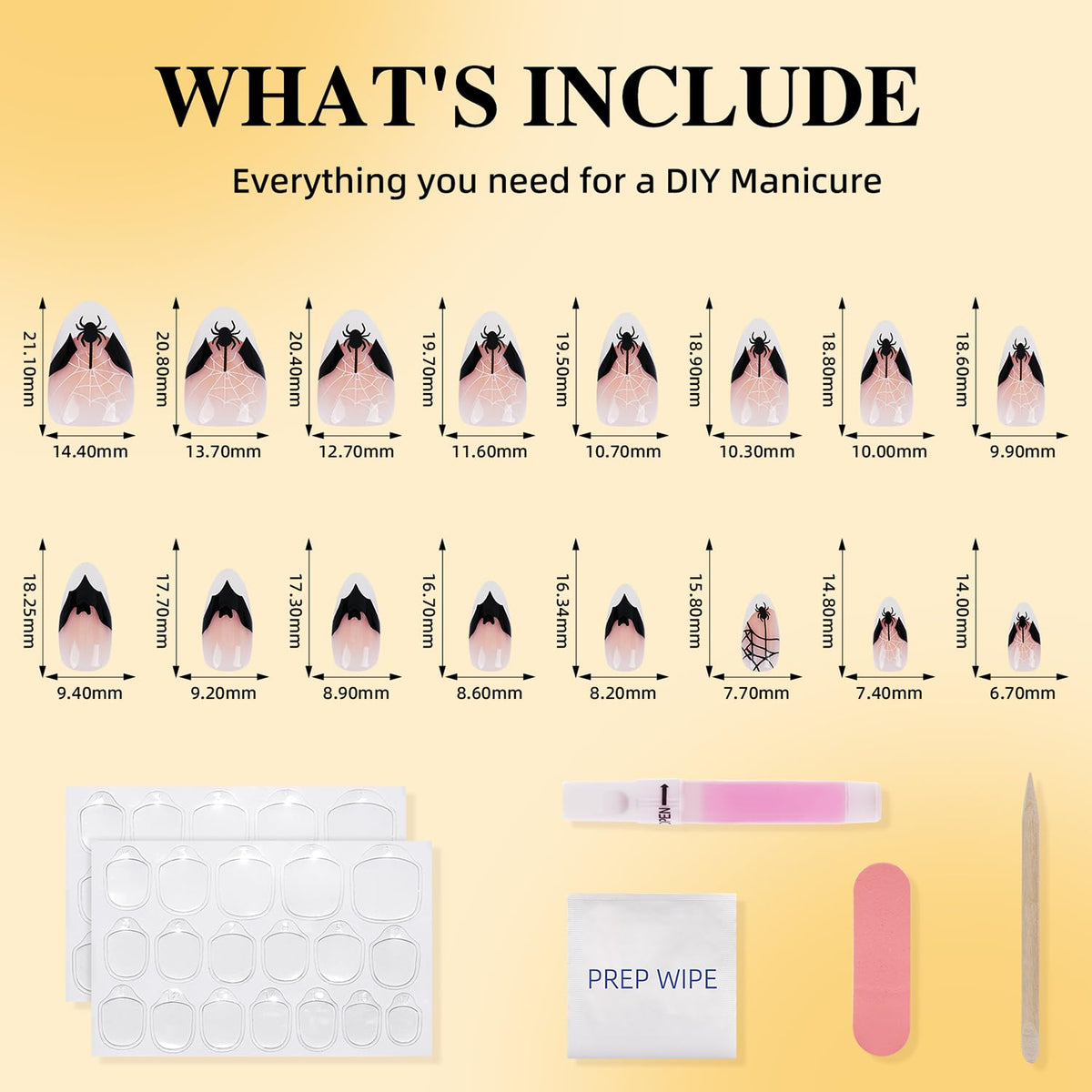Halloween Press on Nails - French Tip Press on Nail with Blakc Web Bat, Short Almond Fake Nails Reusable Nails Press ons, 32 Pieces in 16 Sizes False Nails Kit with Glue, Grave Whisper