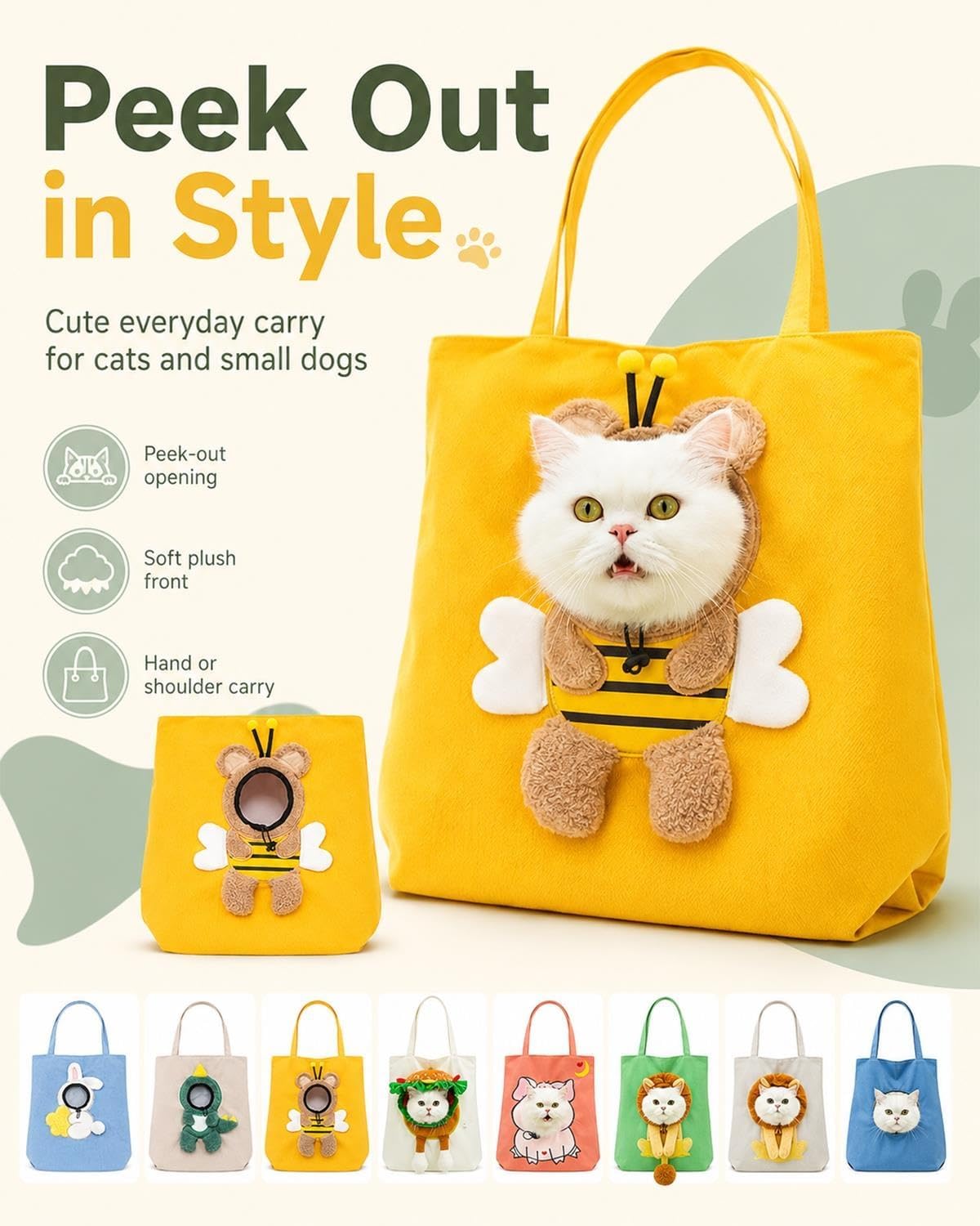 Paw Peek Bag Cute Head Shape Canvas Pet Travel Carrier Tote