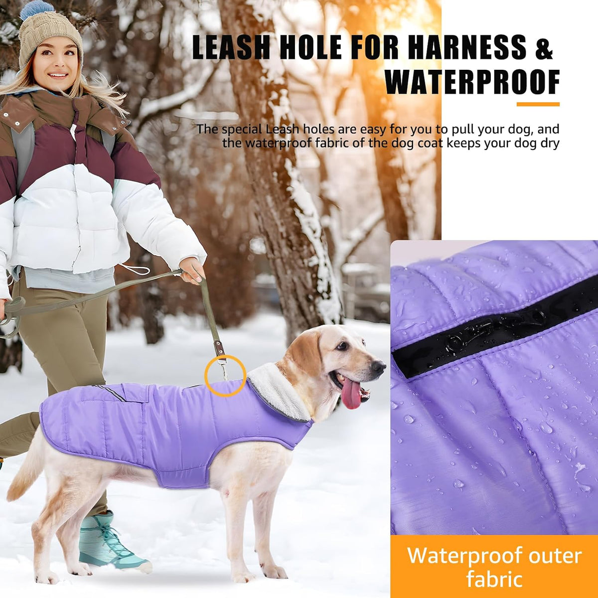Dog Winter Coat for X-Large Dogs, Easy on Dog Snow Fleece Coat Velcro Waterproof Pet Puffer Jacket with Harness Hole Adjustable Reflective Quilted Pet Cold Weather Vest for Girl Female