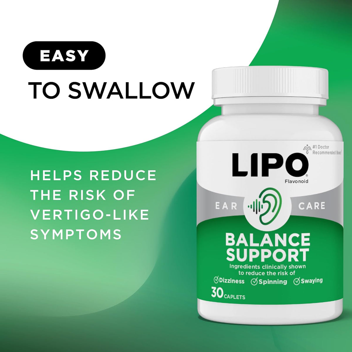 LIPO Balance Support Supplement for Dizziness & Vertigo - Inner Ear Health & Circulation Formula with Ginkgo Biloba, Vitamin D & B Complex - Supports Balance & Stability - 30 Ct