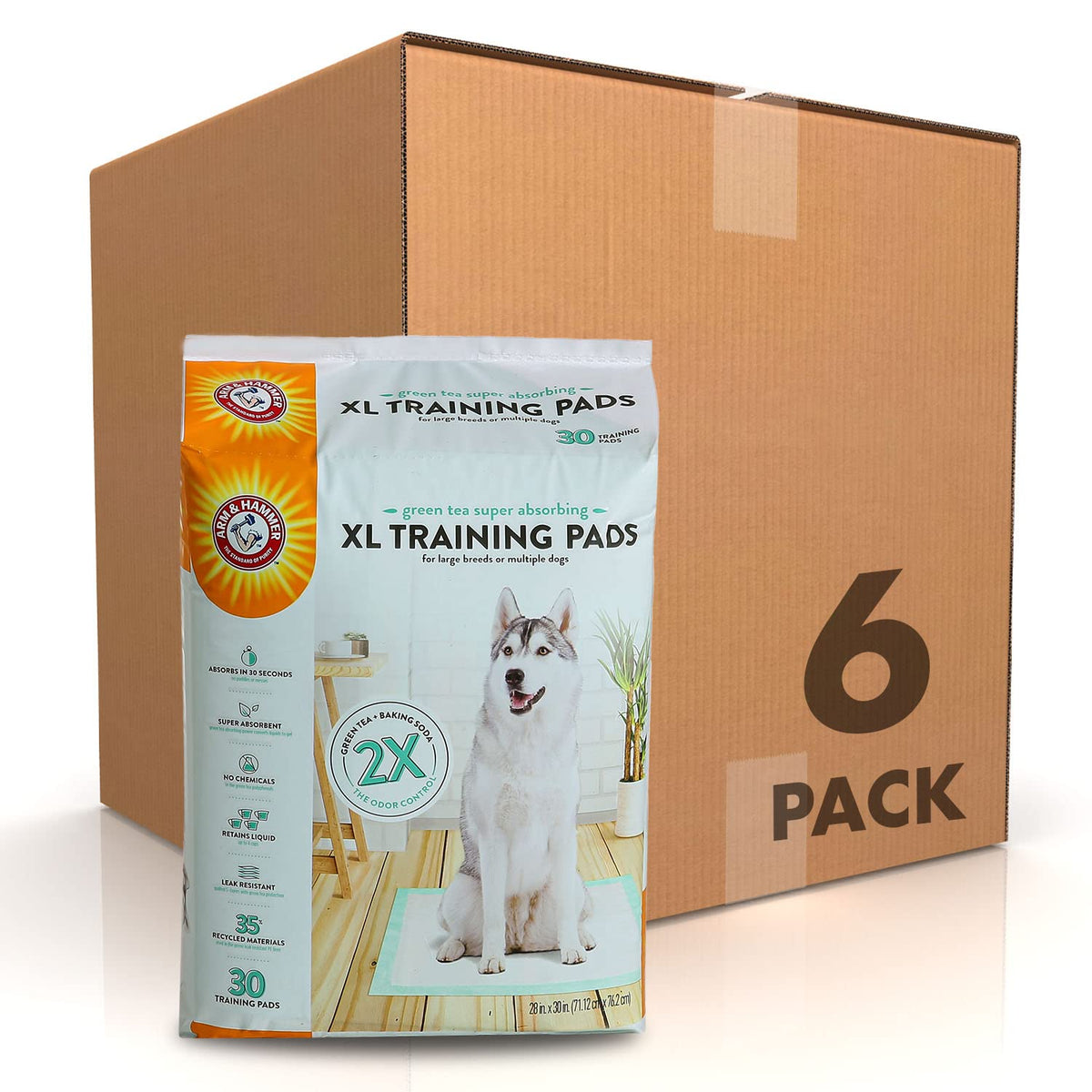 Arm & Hammer Green Tea Pet Training Pads, 200 Count, Super Absorbent with Green Tea and Baking Soda, 2X Odor Control, 5-Layer Leak-Proof Construction, 22.5 x 22.5 Inch