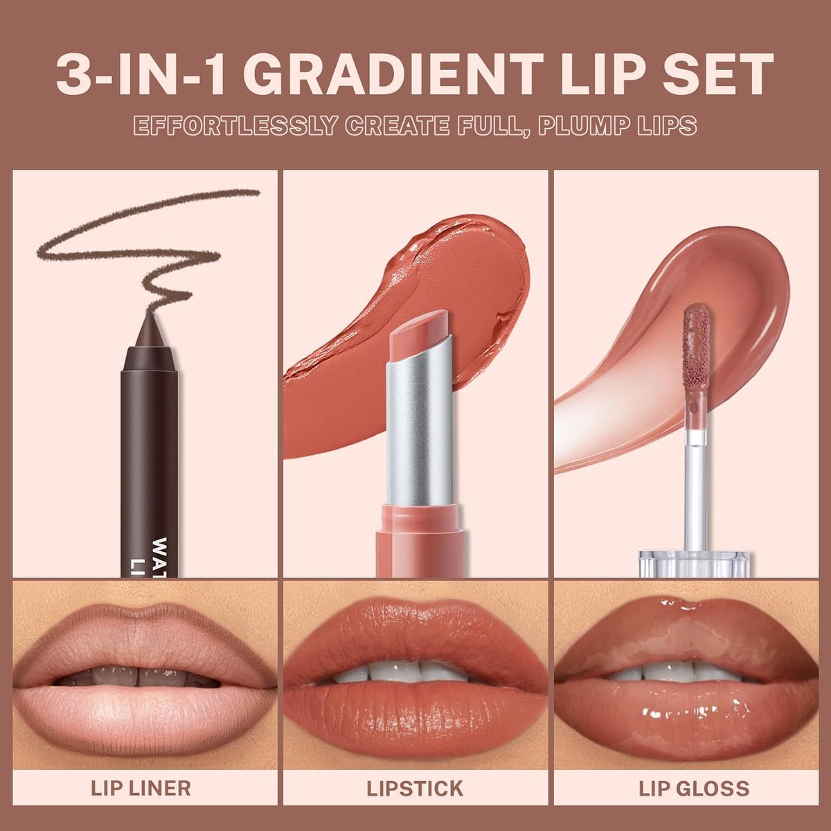 Noerrors 3Pcs Lip Combo Set, Lip Kit with Brown Plumping Lip Liner & Nourishing Lipstick & Nude Glossy Lip Gloss, Long-Lasting, Lightweight, Non-Sticky, Juicy Nude Pink Lip Contour Trio Set for Women