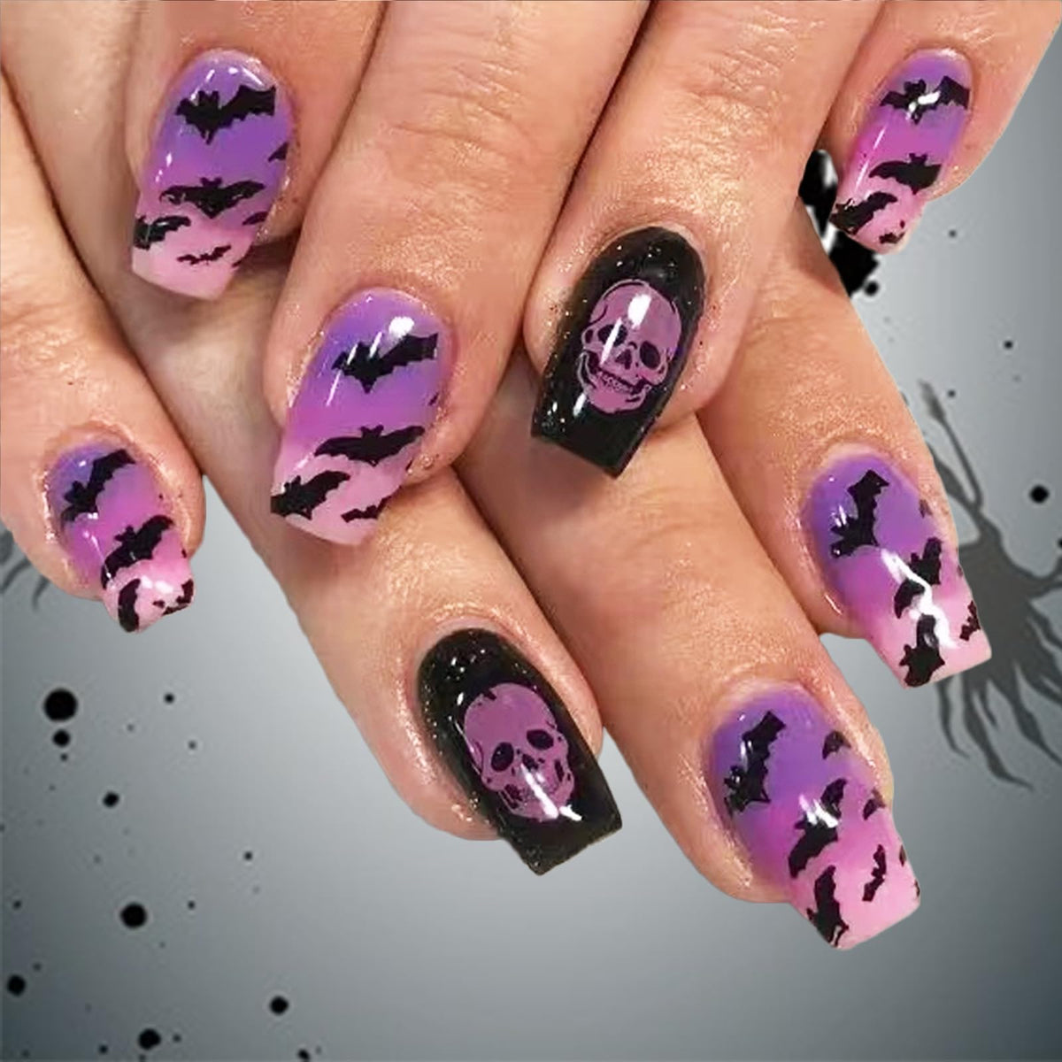 48Pcs Halloween Press on Nails Ghost Stick on Fingernails Monster Short Square False Nails Glossy Black Spider Web Acrylic Fake Nail Skull Gel Glue on Nail for Coquette Women Girls