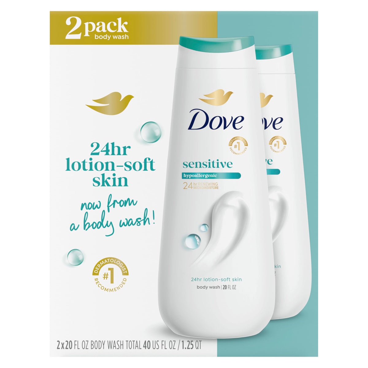 Dove 24hr Lotion Body Wash Sensitive Skin with Pump, 30.6 oz | Hypoallergenic body wash with MicroMoisture technology for 24-hour hydration and soft skin