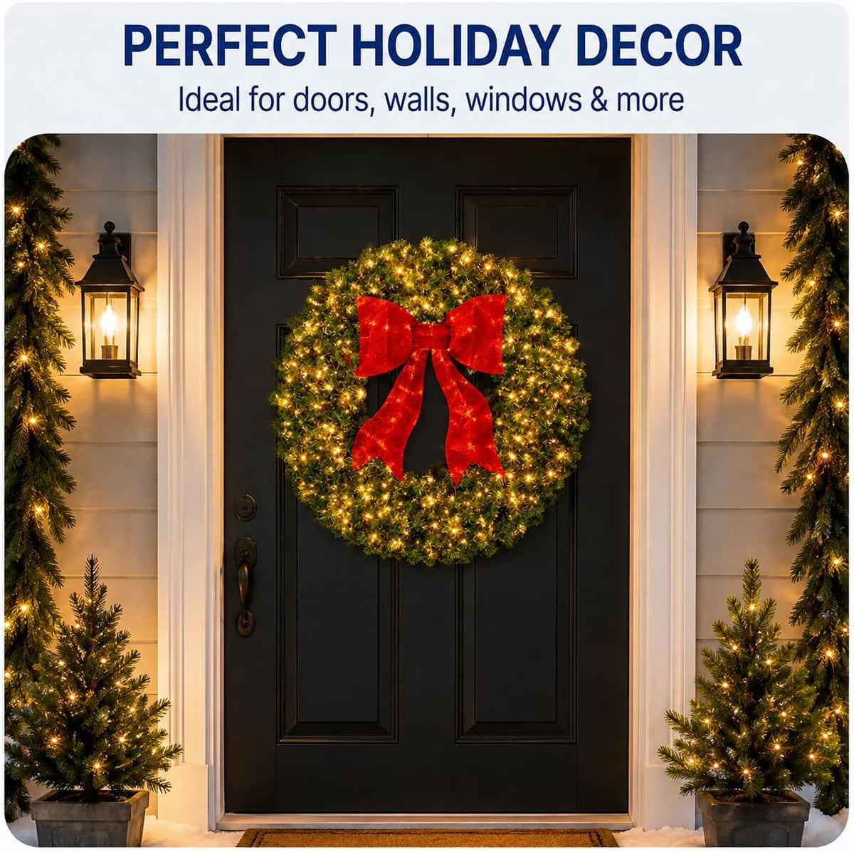 36in Large Pre-Lit Christmas Wreath with Bow, Artificial Greenery