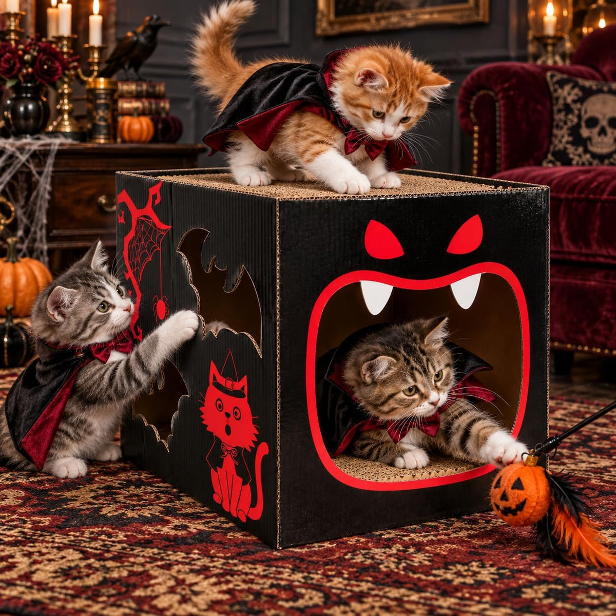Cinrobiye Cardboard Cat House with Scratcher, Gothic Halloween Cat Scratcher Box with 2 Corrugated Scratch Pads, Open Top Indoor Cat Hideaway Bed for Cats and Kittens