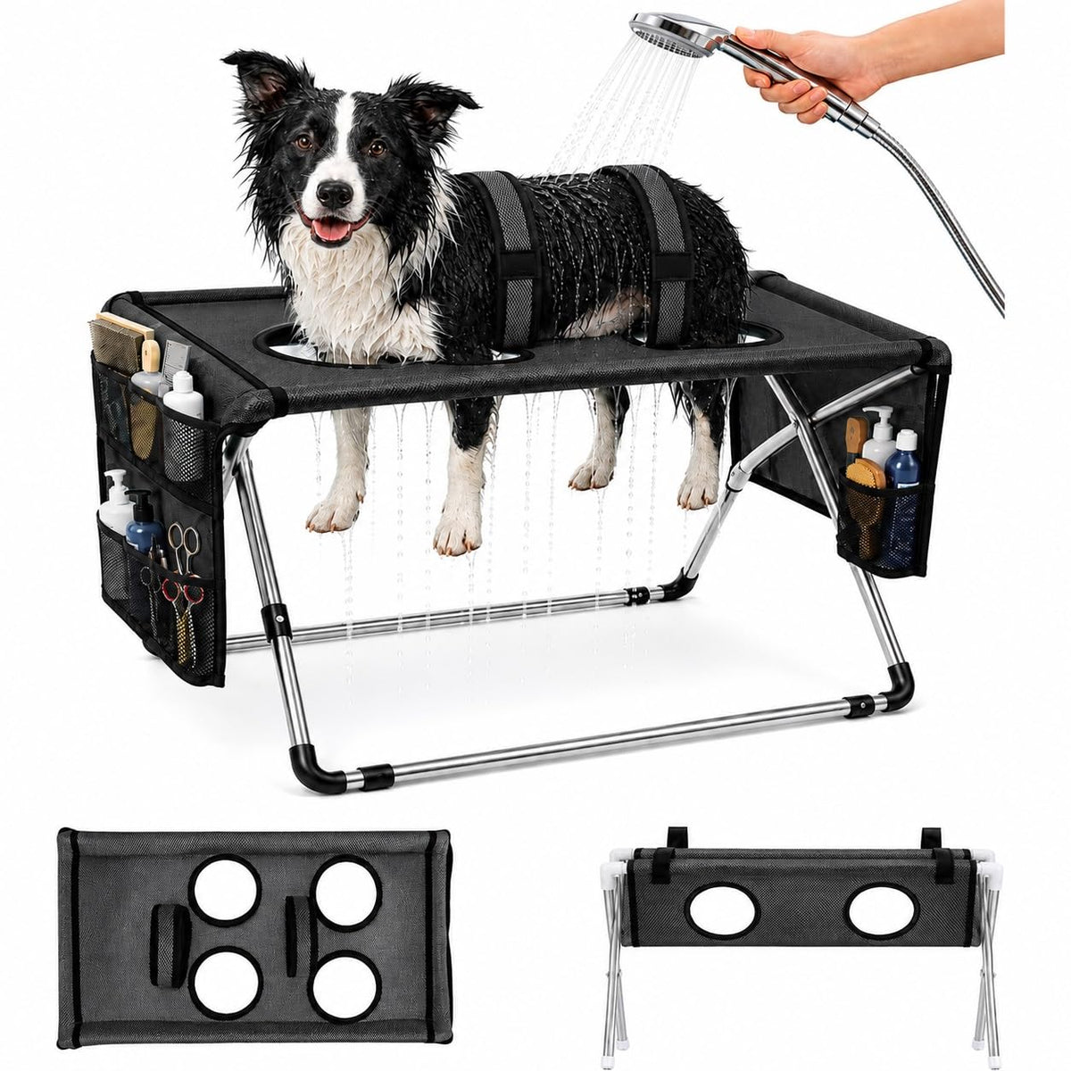Dog Grooming Hammock Stand, Foldable Dog Bath Holder Sling Shower Chair | Heavy-Duty Pet Bath Stool for Small & Medium Dogs, Home Salon Grooming, Washable Mesh, Joint Support & Restraint(Blue,Base)