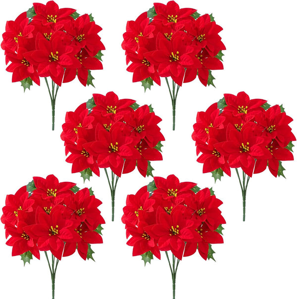 6 Pack Poinsettias Artificial Christmas Flowers Fake Red Poinsettias Flower