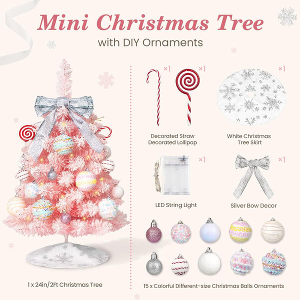 Mini Pink Christmas Tree with Lights, 2 Ft Small Table Top Christmas Tree