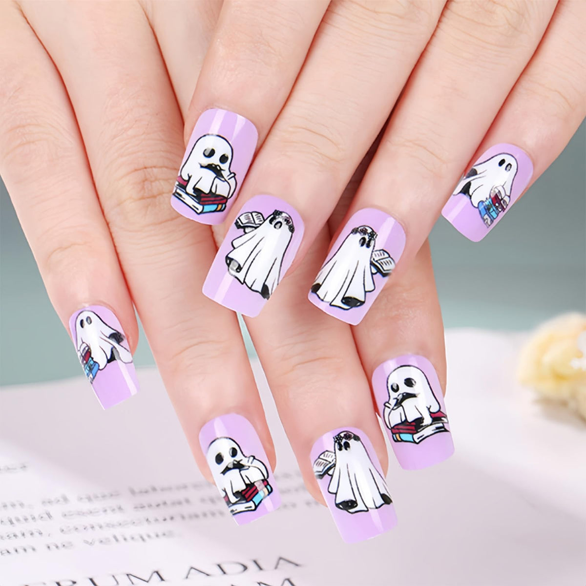 48Pcs Halloween Press on Nails Ghost Stick on Fingernails Monster Short Square False Nails Glossy Black Spider Web Acrylic Fake Nail Skull Gel Glue on Nail for Coquette Women Girls