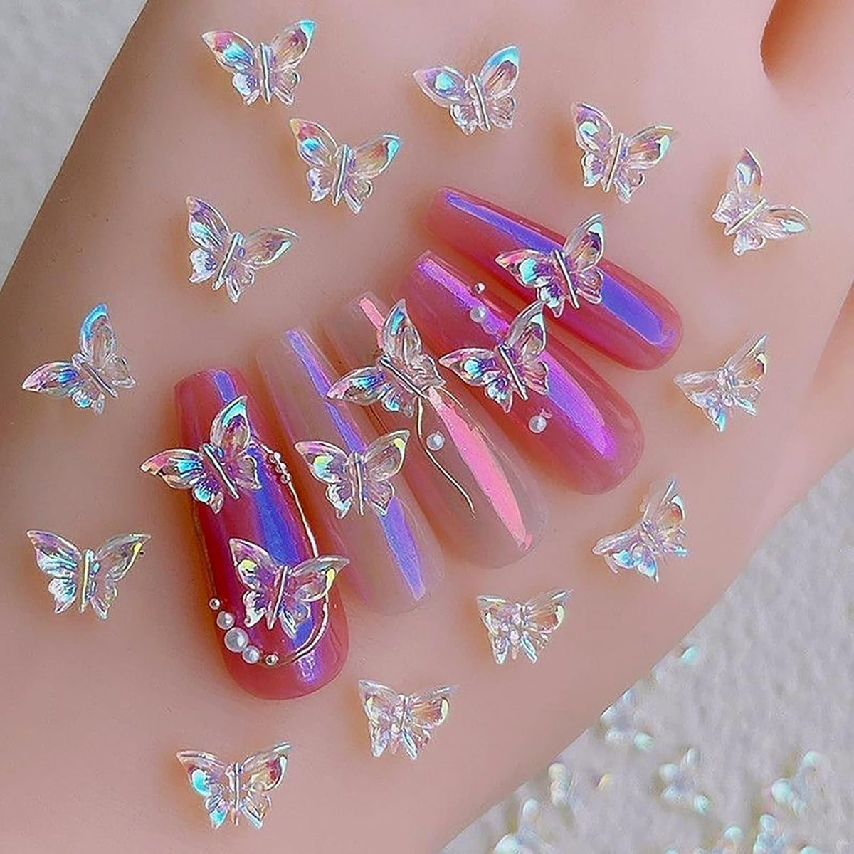 50Pcs 3D Butterfly Nail Charms - Aurora Effect Resin Nail Art Decorations, Cute Kawaii Nail Accessories for Acrylic Nails DIY, Manicure Supplies for Women Girls
