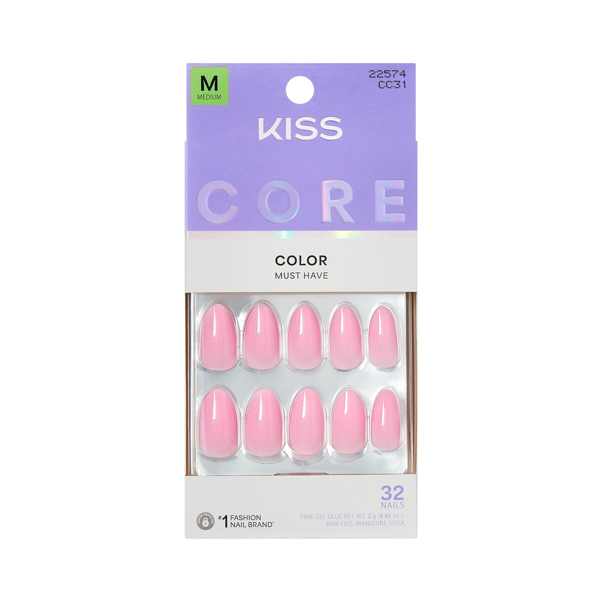 Kiss Core, Press On Nails, Nail glue included, 'Photogenic', Black, Short Size, Squoval Shape, Includes 32 Nails, 2g Glue, 1 Manicure Stick, 1 Mini File