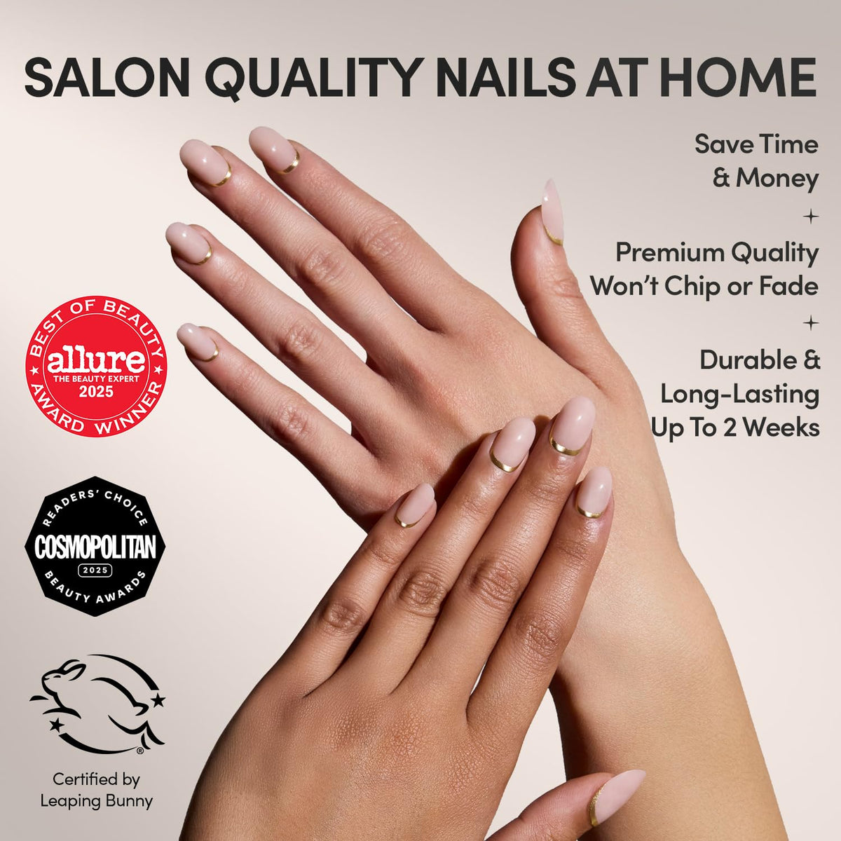 Glamnetic Press On Nails - Short Round, Glossy Fake Nails 30 Pc Full Kit | Neutral press on nails, 12 sizes. Everyday glue-on set. Waterproof, chip-resistant, up to 2 weeks wear