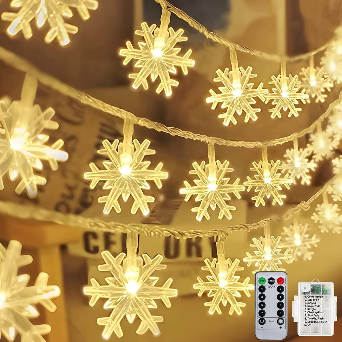 Christmas Snowflake Lights, 20ft 40LED 8 Modes & Timer Battery Operated Fairy Lights for Indoor/Outdoor Holiday Party Decorations (White)