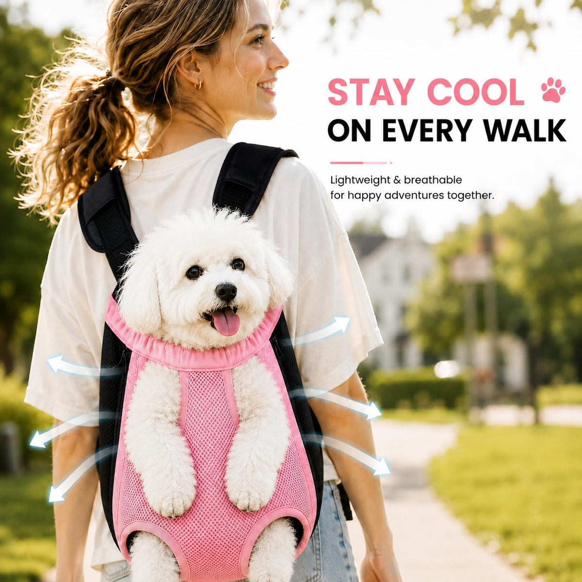 Pet Front Carrier for Small Dogs & Cats, Breathable Legs-Out Riding Carrier for Cycling, Walking & Outdoor Travel, Adjustable Hands-Free Pet Carrier Backpack, Pink