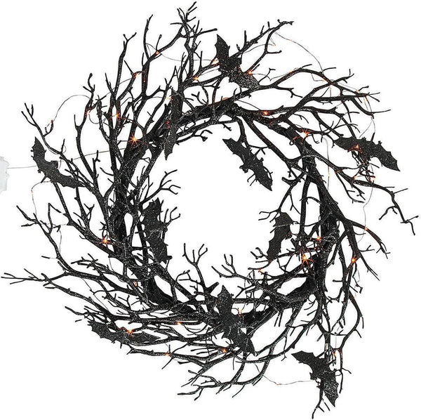 Fun Express 26" Light Up Black Bat Wreath, LED Halloween Door Decoration | Large spooky twig wreath features glowing orange LED lights and black bats for gothic outdoor entryway porch decor.