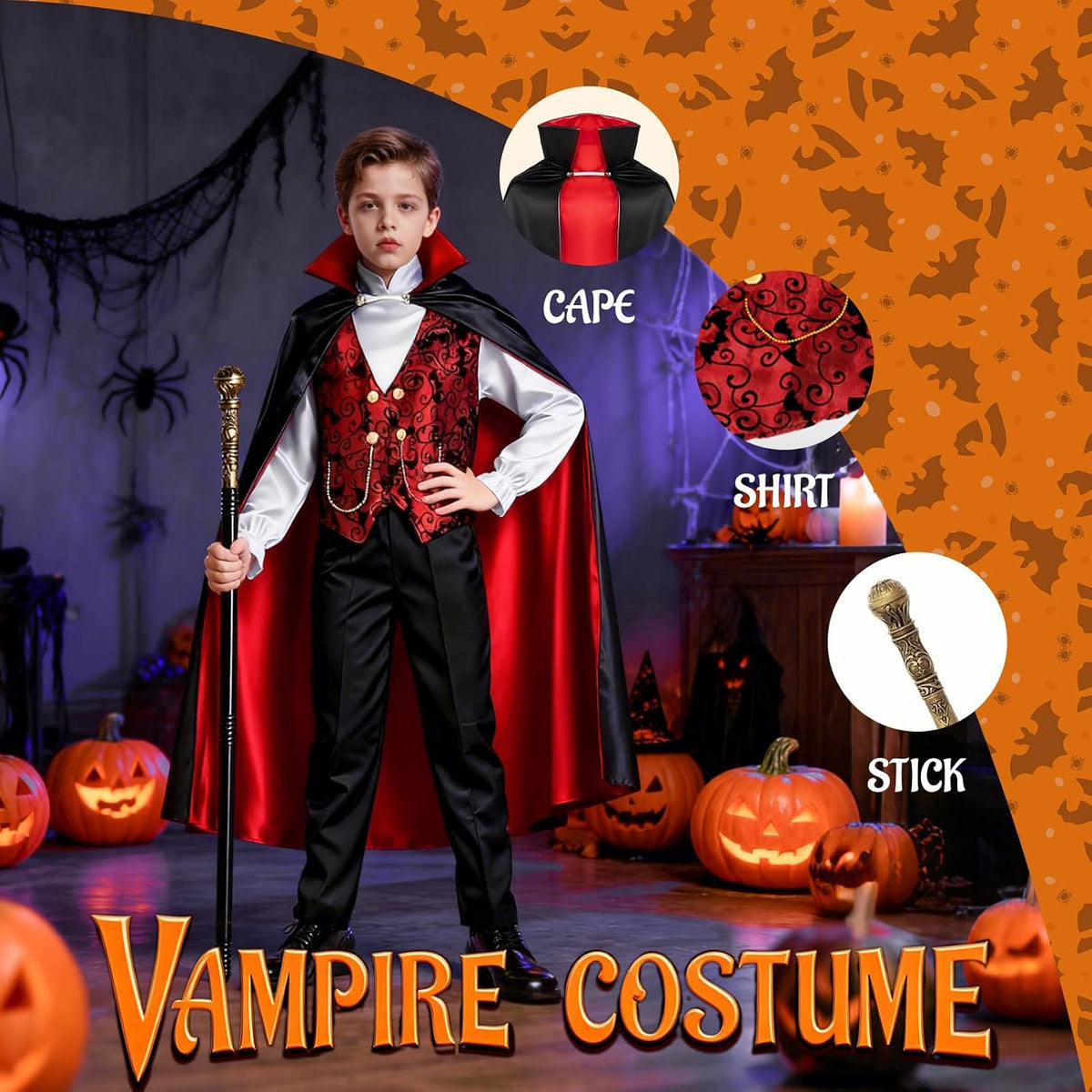 Boys Vampire Costume Set, Halloween Party Vampire Cosplay Outfit with Cape, Shirt, Pants & Cane, kids dracula costume