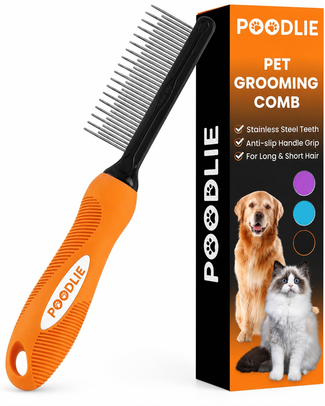 Poodle Pet Detangling Pet Comb with Long & Short Stainless Steel Teeth for Removing Matted Fur, Knots & Tangles – Detangler Tool Accessories for Safe & Gentle DIY Dog & Cat Grooming