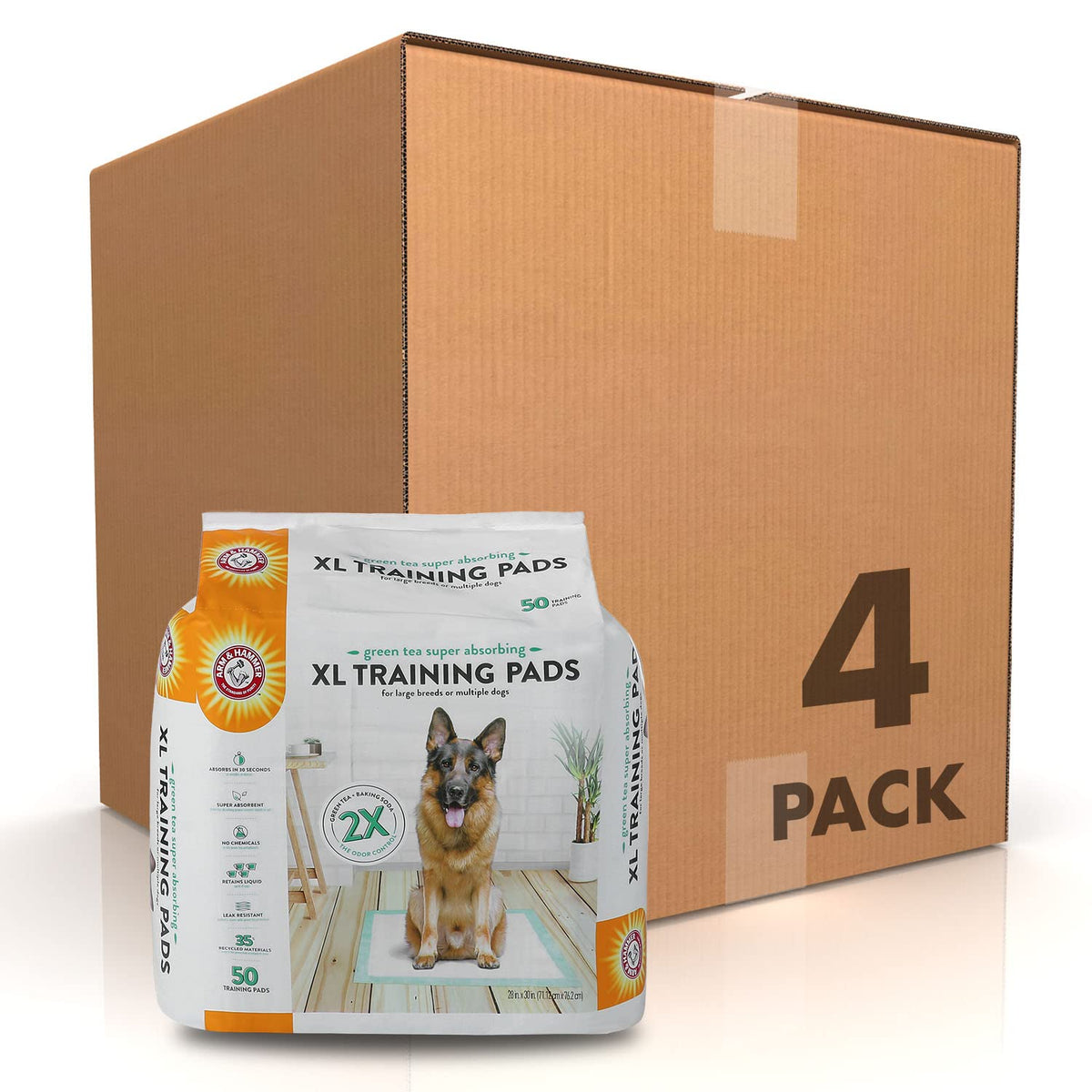 Arm & Hammer Green Tea Pet Training Pads, 200 Count, Super Absorbent with Green Tea and Baking Soda, 2X Odor Control, 5-Layer Leak-Proof Construction, 22.5 x 22.5 Inch