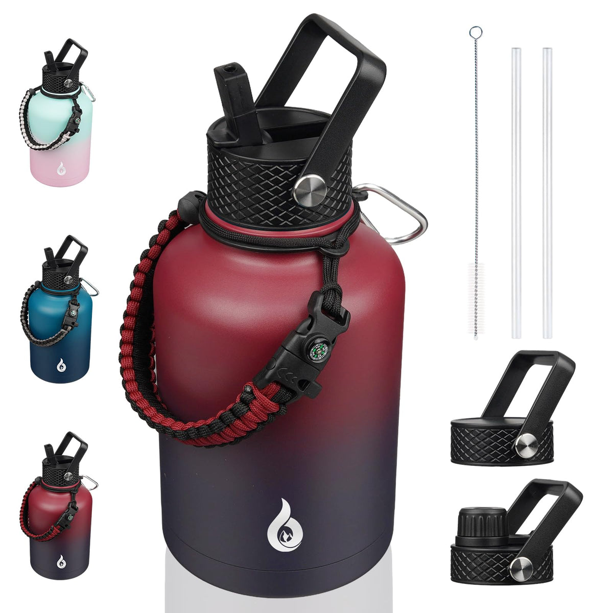 BJPKPK Half Gallon Insulated Water Bottles with Straw Lid & Side Handle, 64oz Large, Stainless Steel Water Bottles with 3 Lids and Paracord Strap, Metal Water Jug,Black