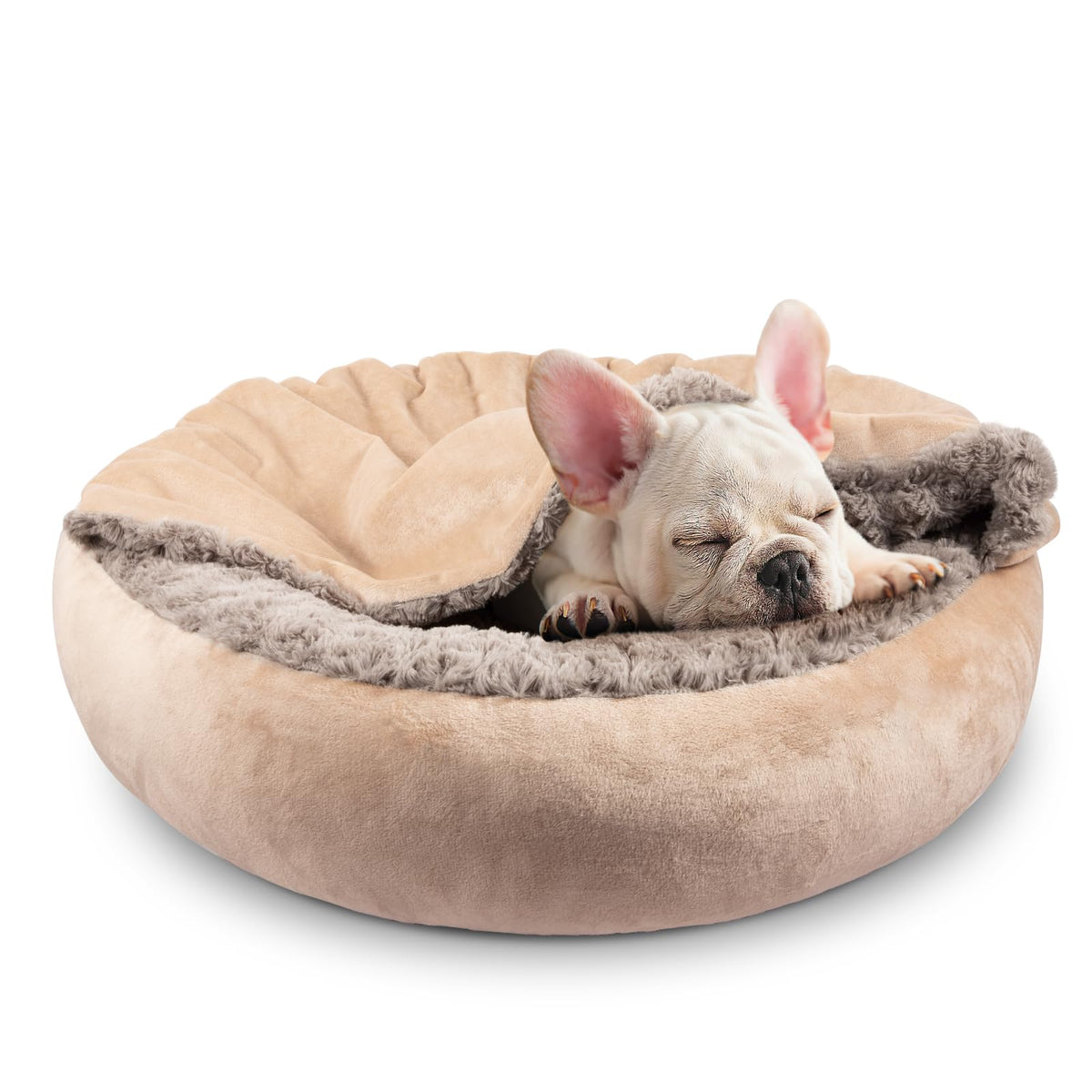 JOEJOY Small Dog Bed Cat Bed with Hooded Blanket, Cozy Cuddler Luxury Puppy Pet Bed, Donut Round Calming Anti-Anxiety Dog Burrow Cave Bed - Anti-Slip Bottom and Machine Washable 23 inch