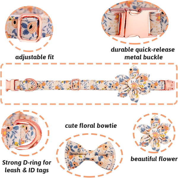 Dog Collar and Leash Set Girls Adjustable Puppy Collars with Floral Bow Tie for Small Medium Large Female Dogs, Orange Flower, XS