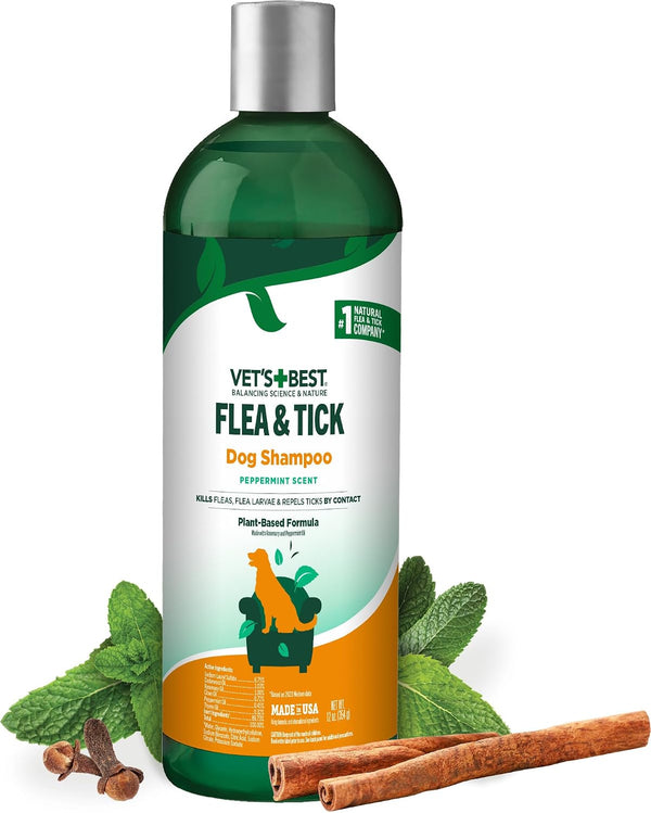 Vet's Best Flea & Tick Shampoo for Dogs, Plant-Based, 12 oz | Advanced Strength Shampoo, Kills Fleas & Ticks, Plant-Based Formula, Cleans & Freshens Coat, Made in USA