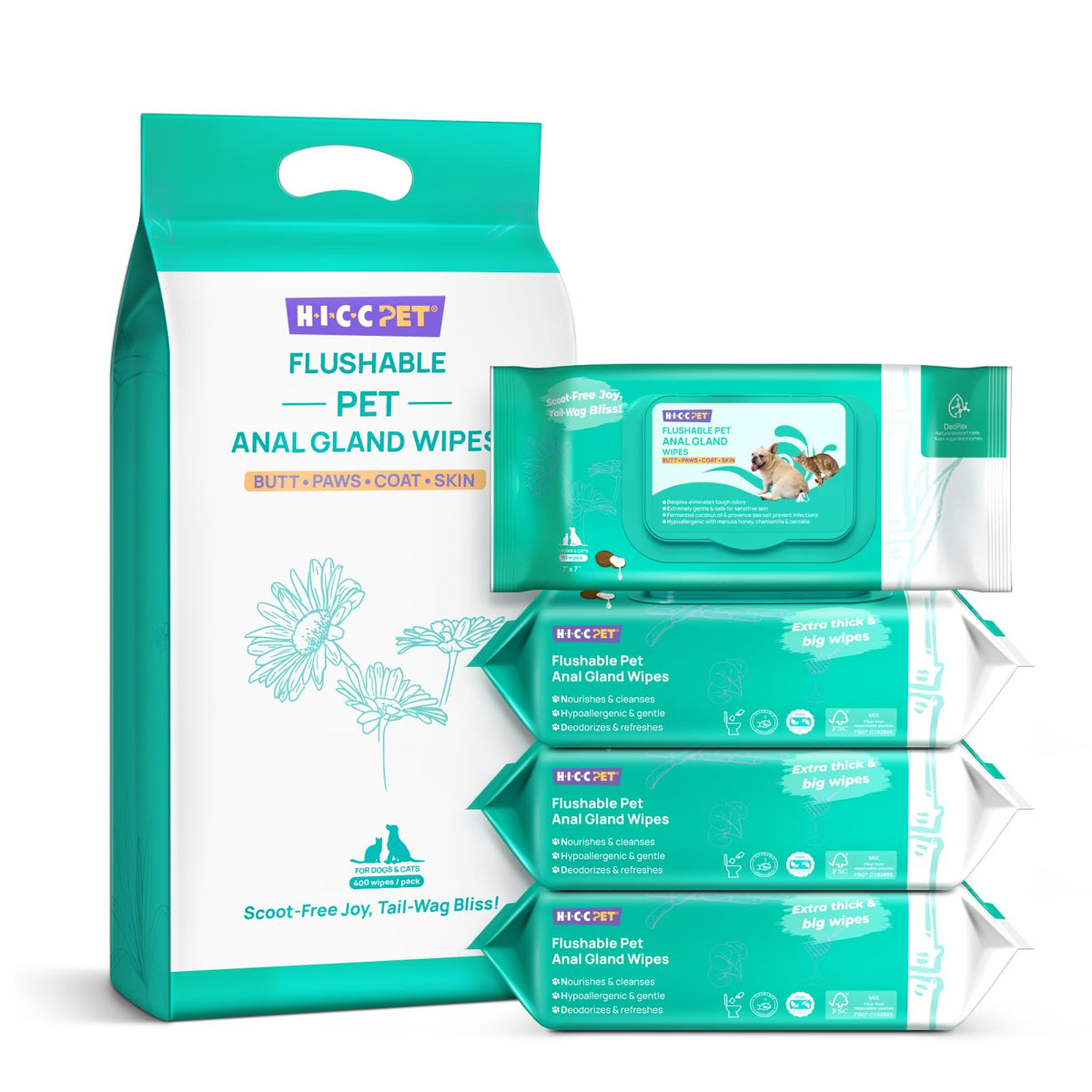 HICC PET Wipes for Dogs & Cats, Cleaning Deodorizing External Anal Area Wipes, Hydrating & Nourish Fur Dog Grooming Wipes for Paw, Butt, Body